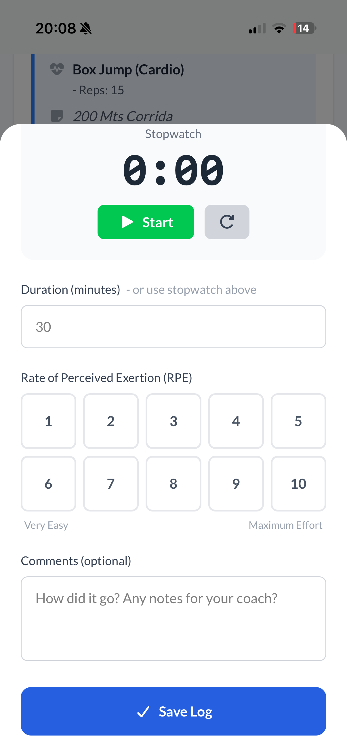Workout logging screen