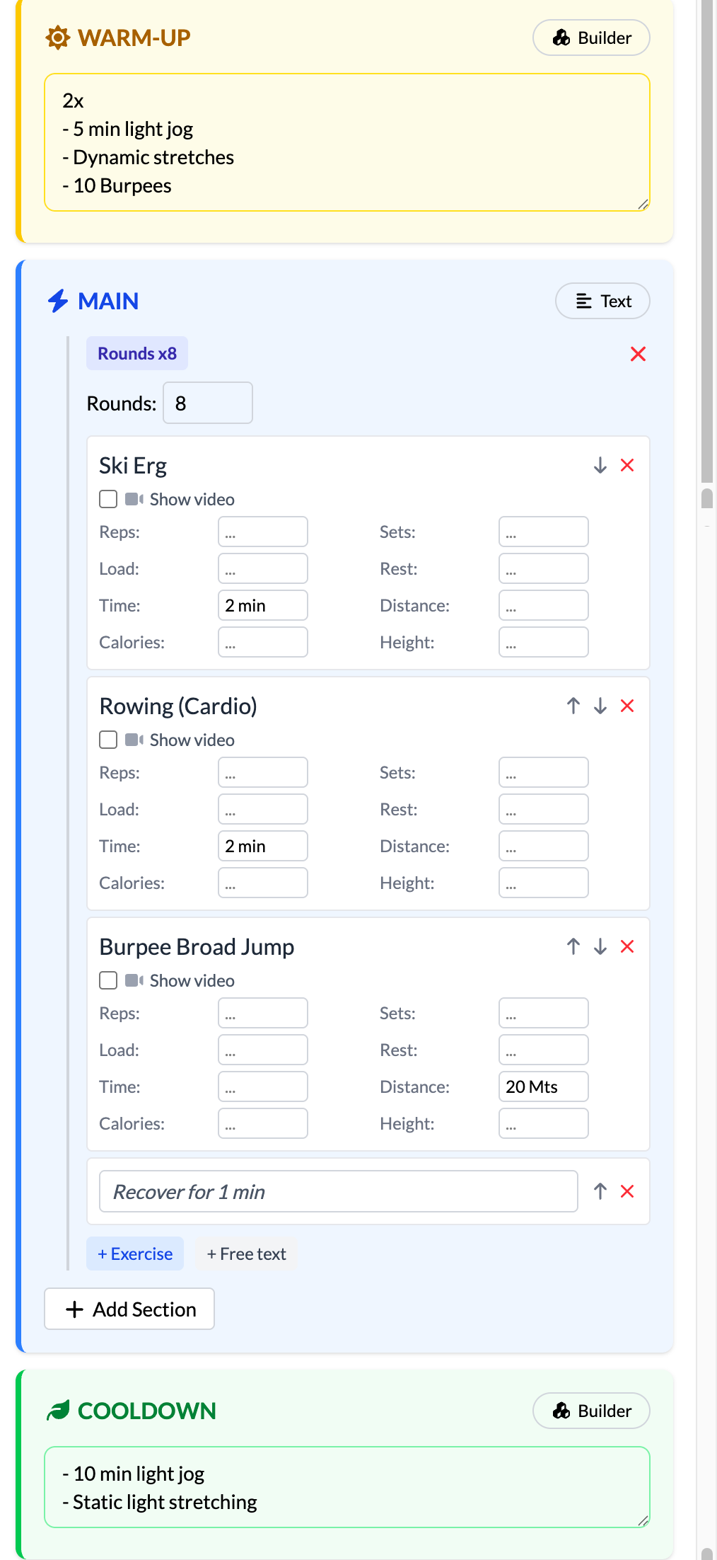Workout builder interface
