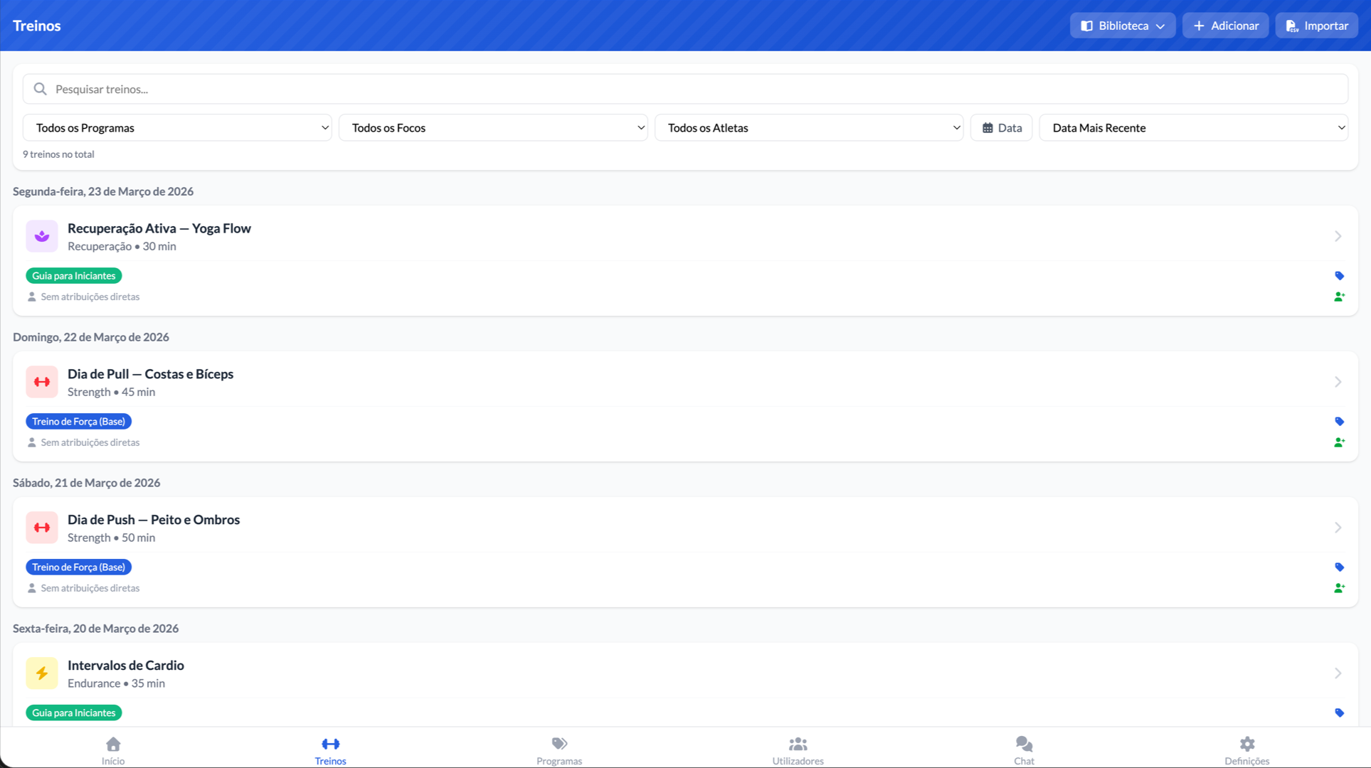 Lista de Treinos
